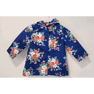 Gymboree  3T/4T Rain Coat SPRING FLOWERS Blue White Orange Pocket  Hooded Jacket